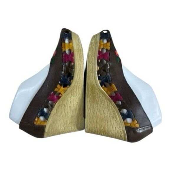 Handmade Leather Huarache Wedge Size 7 Brown Floral Embroidered Mexico Heels - Picture 5 of 12